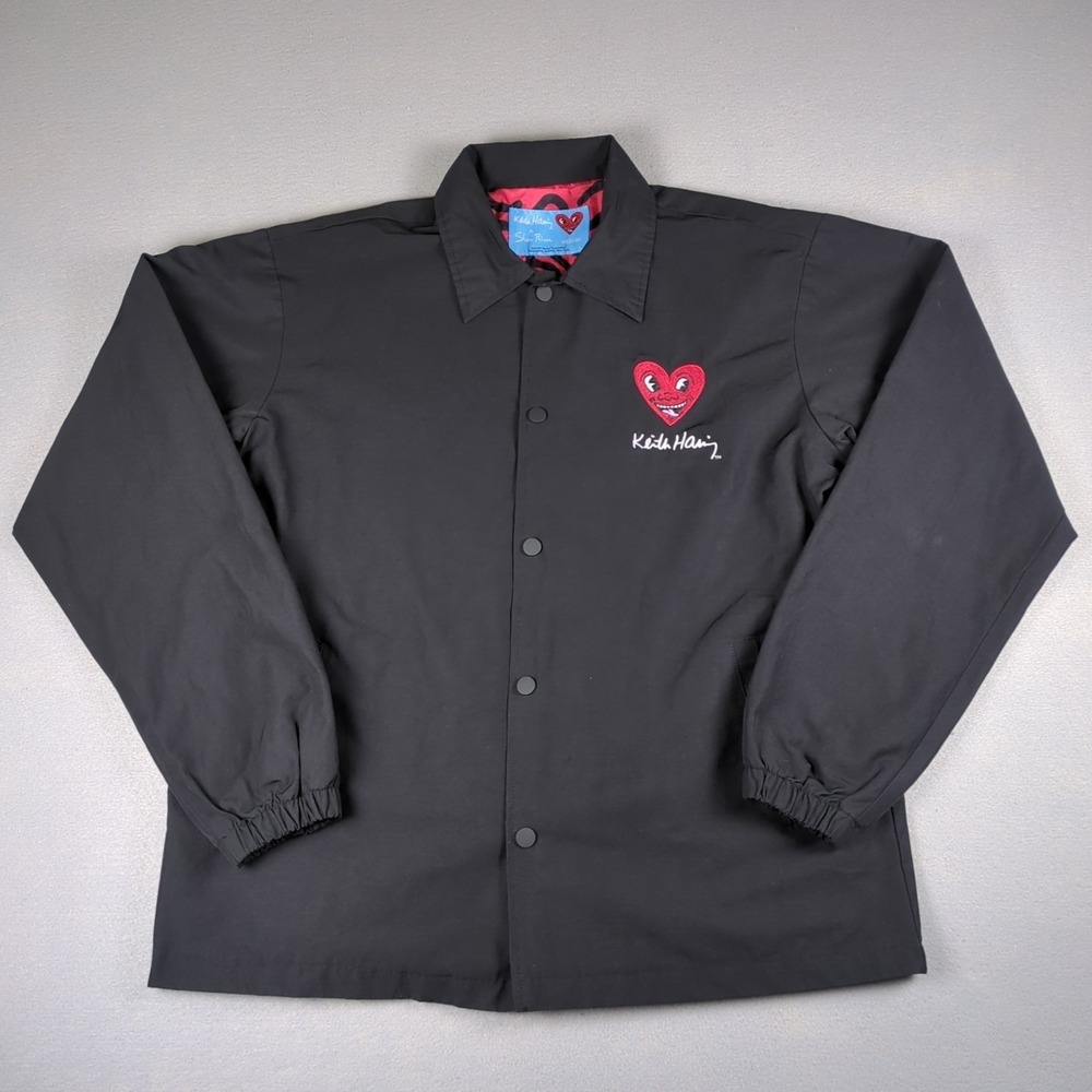Keith Haring X Shoe Palace Pyramid Coach Jacket Mens Medium Black Snap Up Heart